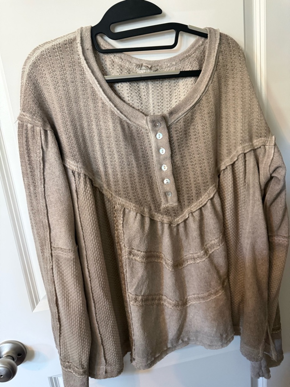 POL Taupe Waffle-Knit Button Henley Sweatshirt